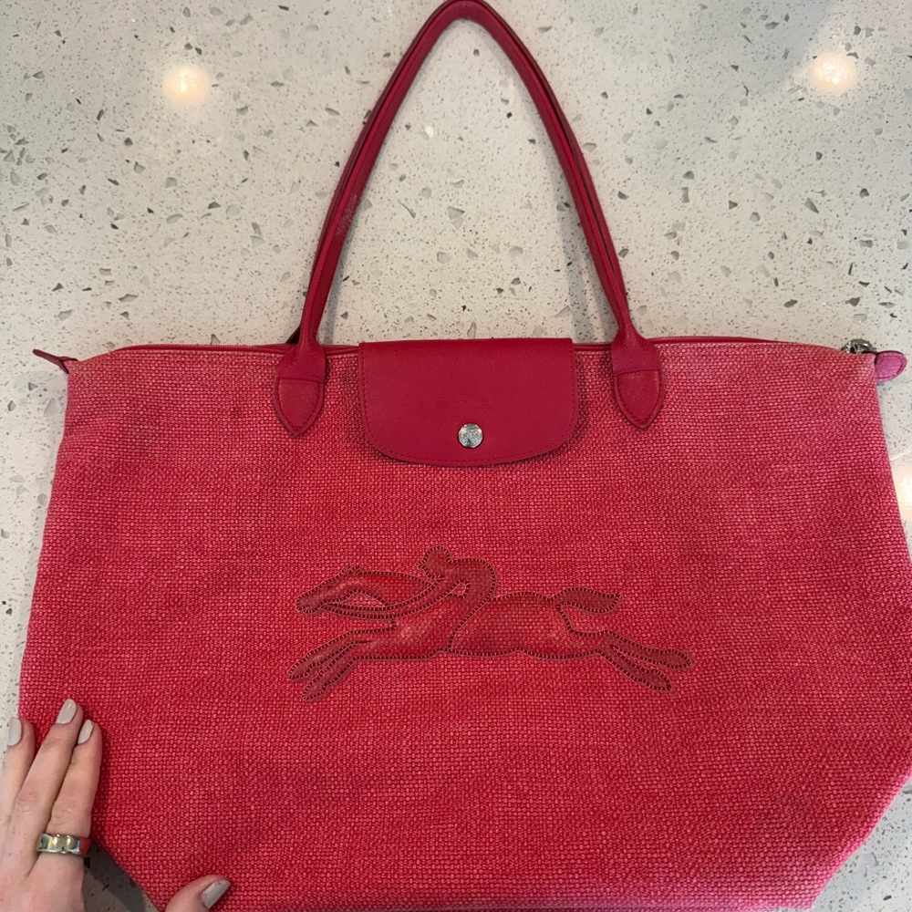 Vintage Longchamp Pink/Red Textured Tote Bag with Embroidered Design